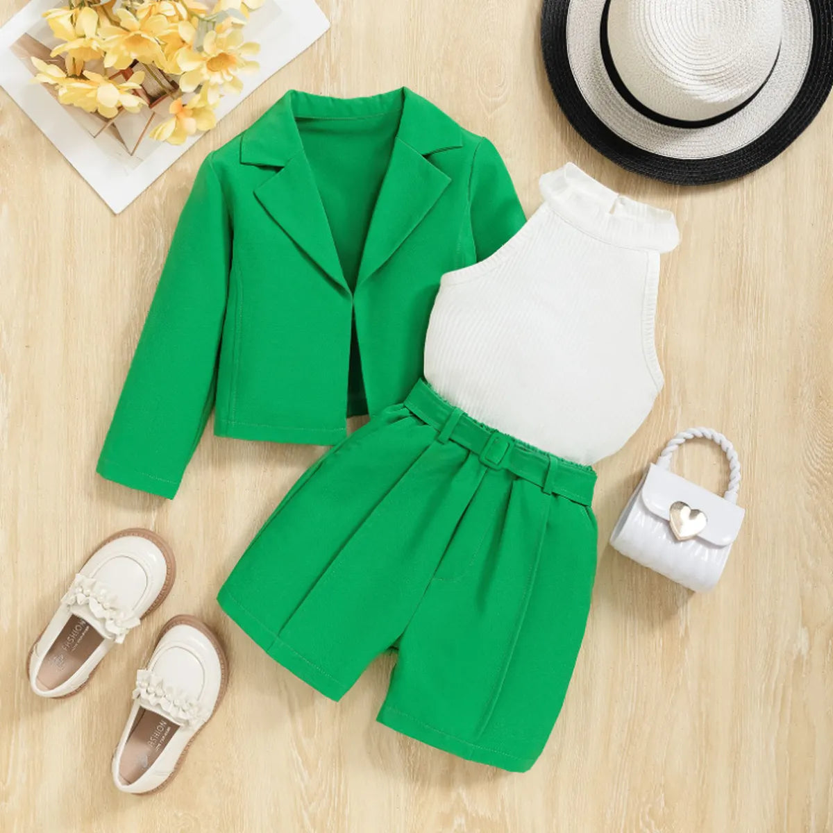 Mini Boss 3-Piece Green Blazer Shorts Set with Ribbed Halter Top (3-7 Years)